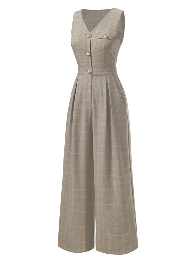 [Vorverkauf] Braun 1930er Kariert V-Ausschnitt Ärmellos Tasten Jumpsuit
