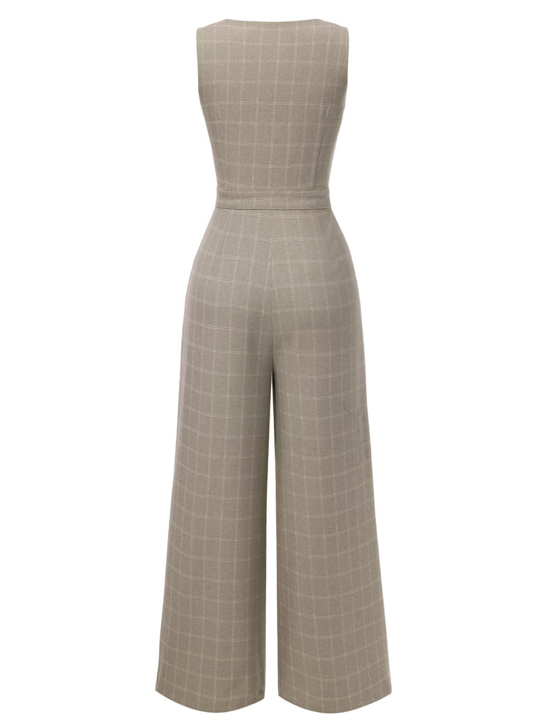 [Vorverkauf] Braun 1930er Kariert V-Ausschnitt Ärmellos Tasten Jumpsuit