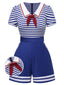 Blau 1950er Baumwolle Krawatte Nautisch Streifen Romper