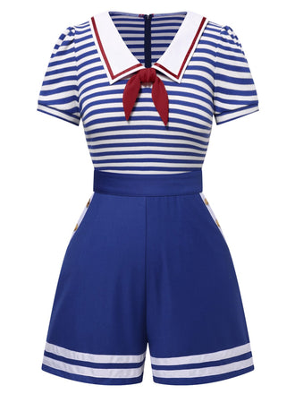 [Vorverkauf] Blau 1950er Baumwolle Krawatte Nautisch Streifen Romper