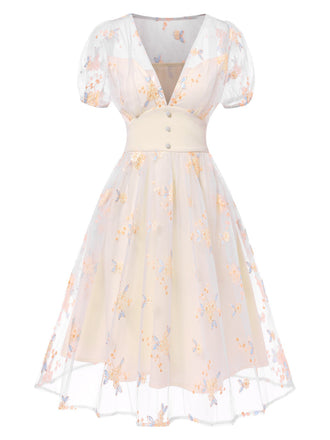 [Vorverkauf] Weiß 1950er Tief V-Ausschnitt Besticktes Blumen Kleid