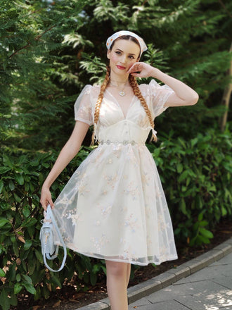 Weiß 1950er Tief V-Ausschnitt Besticktes Blumen Kleid