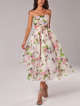 Multicolor 1940er Organza Blumen Spaghetti Träger Kleid