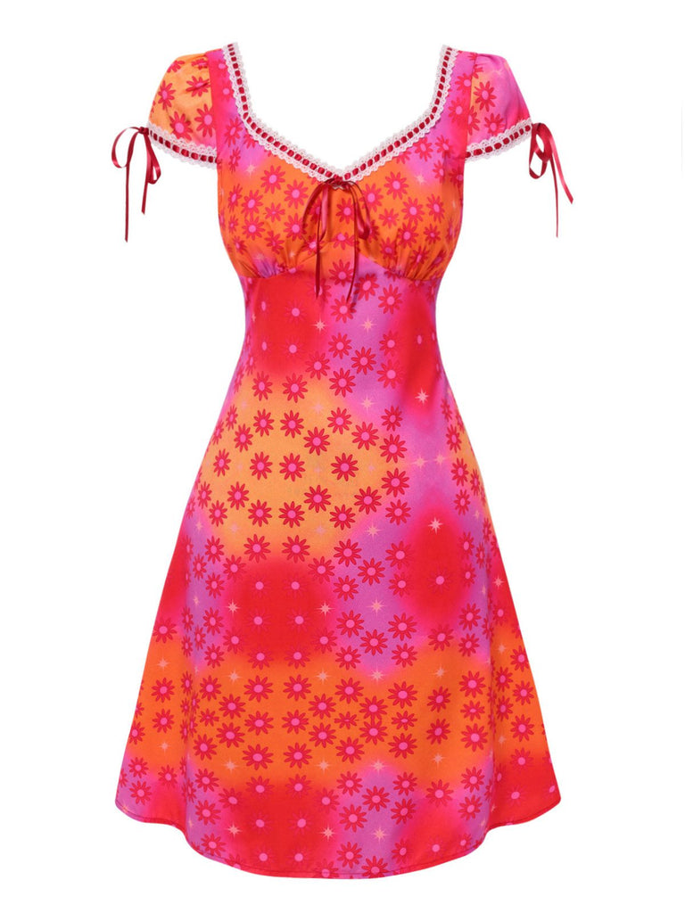 [Vorverkauf] Rosa 1960er Häkeln Trimmen Psychedelisch Blumen Kleid