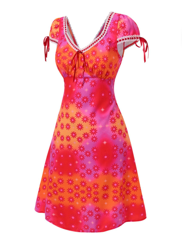 [Vorverkauf] Rosa 1960er Häkeln Trimmen Psychedelisch Blumen Kleid