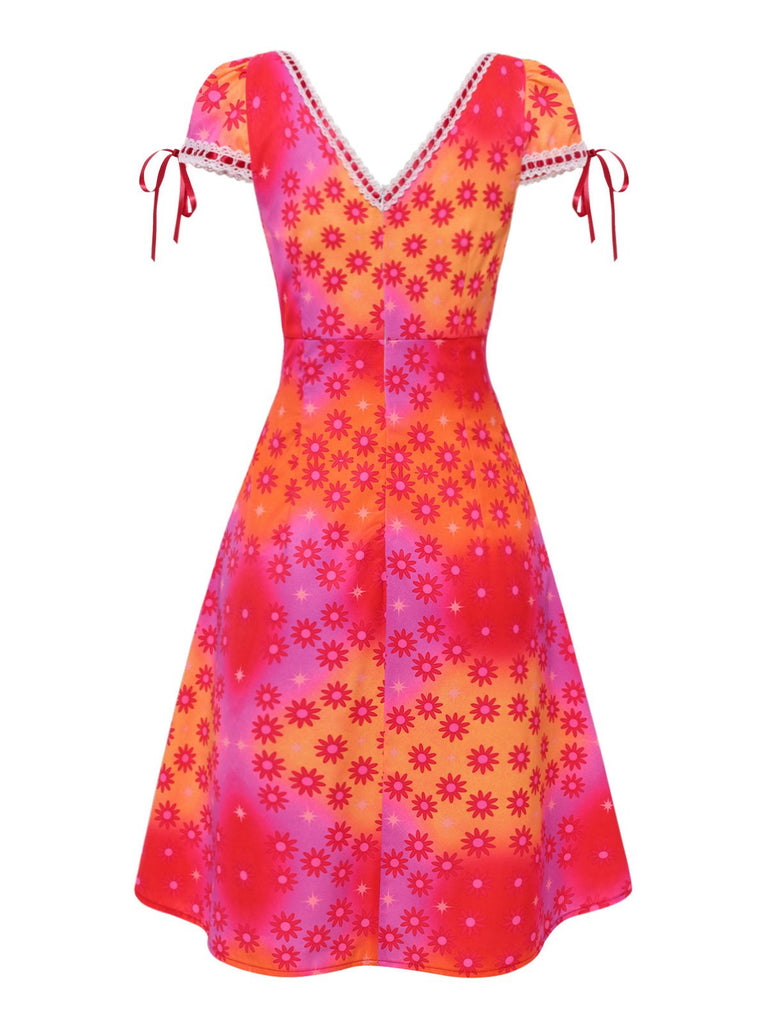 [Vorverkauf] Rosa 1960er Häkeln Trimmen Psychedelisch Blumen Kleid