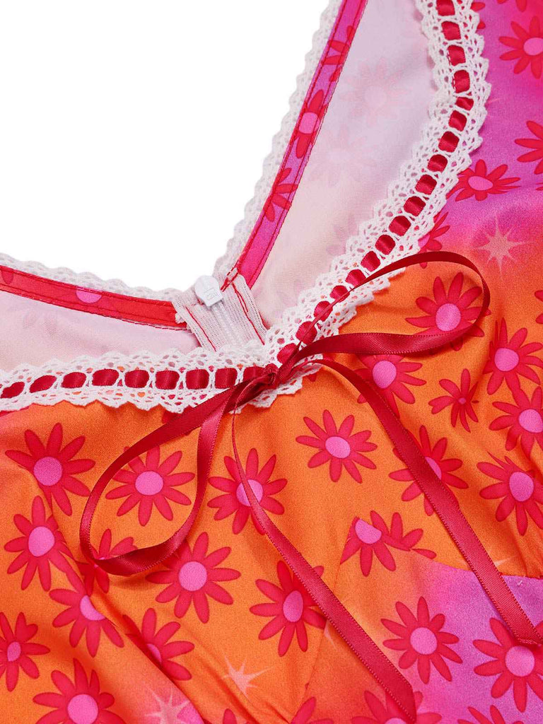 [Vorverkauf] Rosa 1960er Häkeln Trimmen Psychedelisch Blumen Kleid