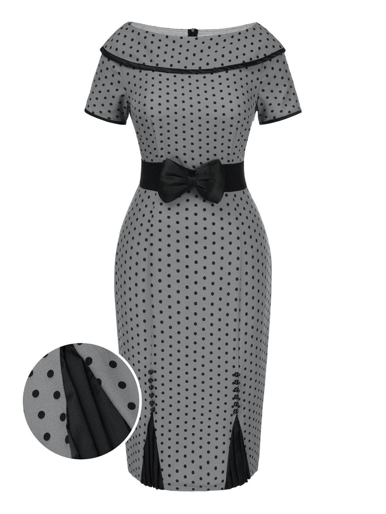 Grau 1960er Bootskragen Tupfen Bleistift Kleid