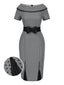 Grau 1960er Bootskragen Tupfen Bleistift Kleid