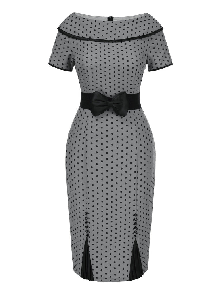 Grau 1960er Bootskragen Tupfen Bleistift Kleid