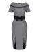 Grau 1960er Bootskragen Tupfen Bleistift Kleid