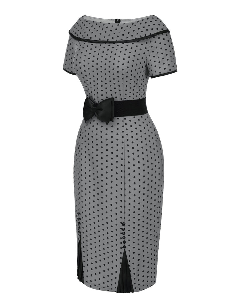 Grau 1960er Bootskragen Tupfen Bleistift Kleid