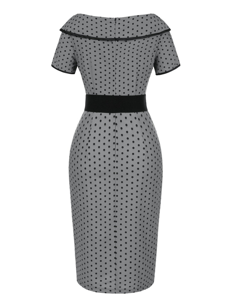 Grau 1960er Bootskragen Tupfen Bleistift Kleid