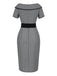 Grau 1960er Bootskragen Tupfen Bleistift Kleid