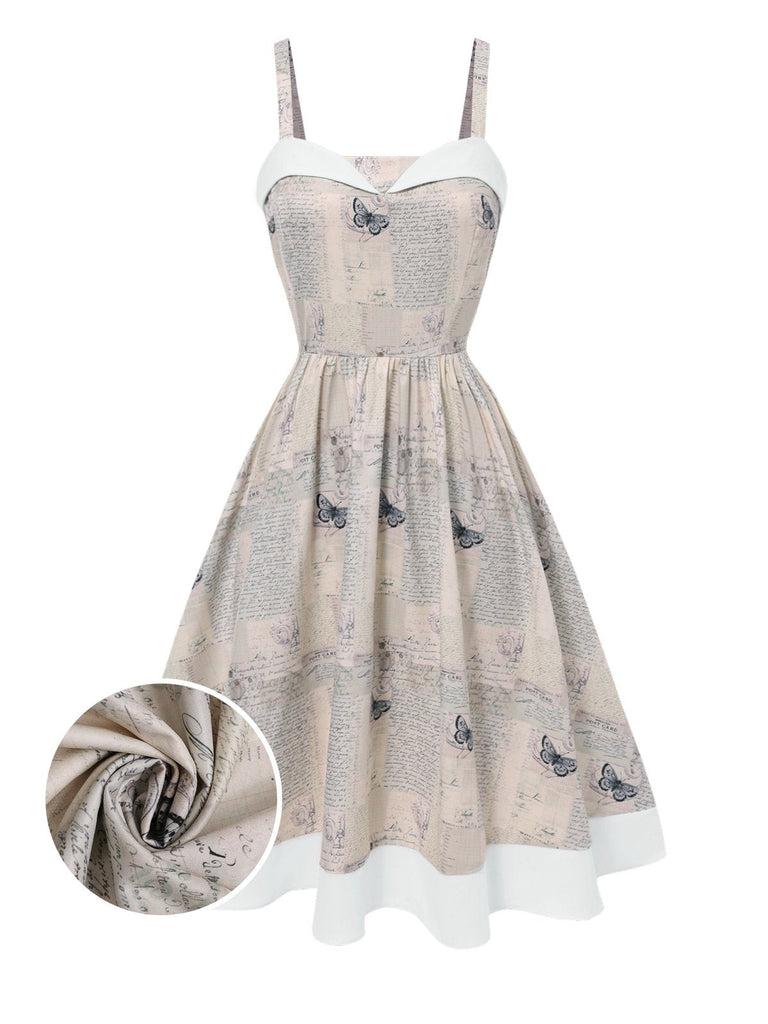 [Vorverkauf] Khaki 1950er Zeitung Schmetterling Patchwork Kleid