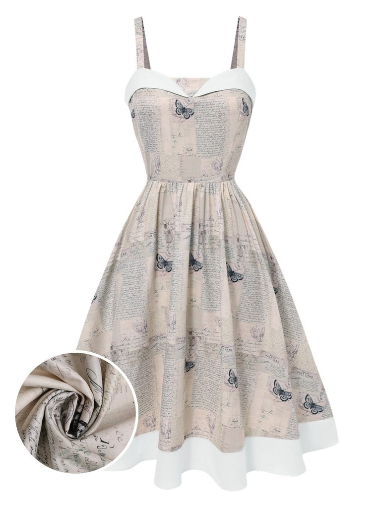 [Vorverkauf] Khaki 1950er Zeitung Schmetterling Patchwork Kleid