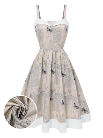 Khaki 1950er Zeitung Schmetterling Patchwork Kleid