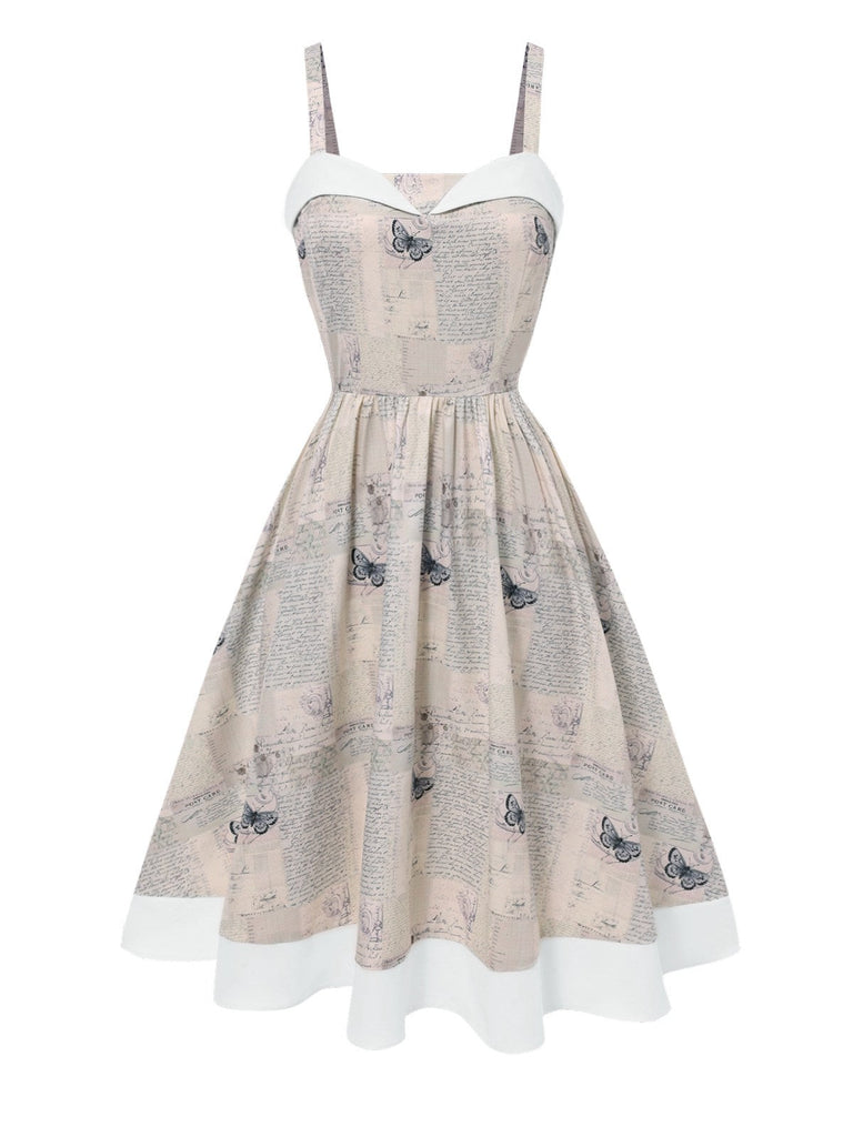 [Vorverkauf] Khaki 1950er Zeitung Schmetterling Patchwork Kleid