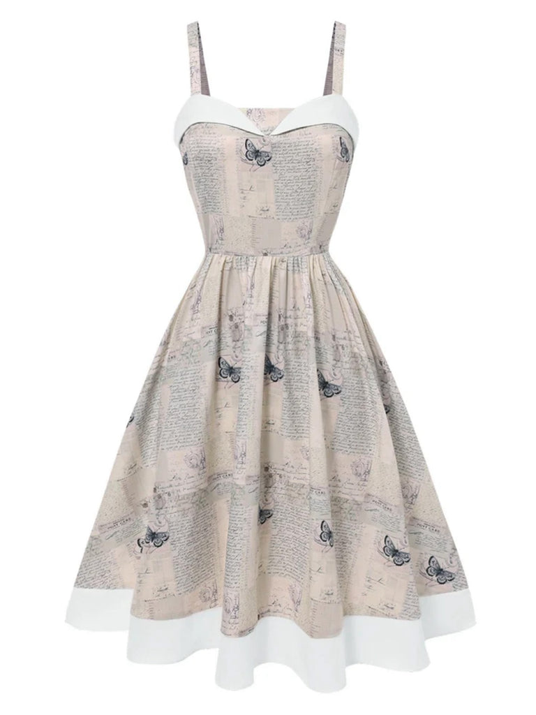 [Vorverkauf] Khaki 1950er Zeitung Schmetterling Patchwork Kleid