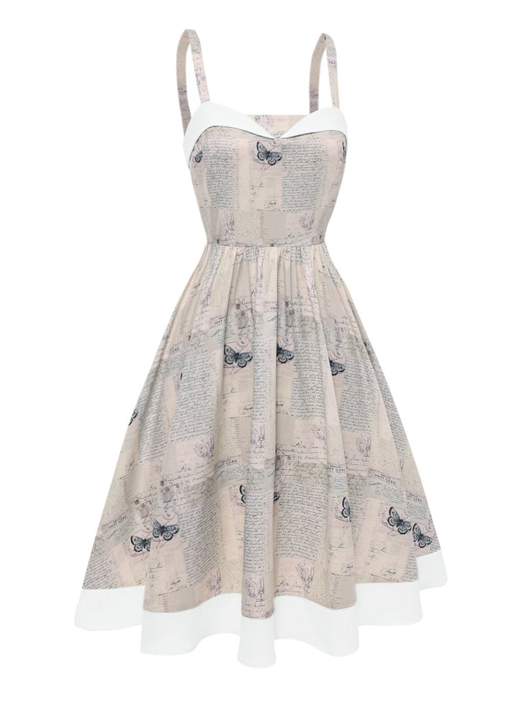 [Vorverkauf] Khaki 1950er Zeitung Schmetterling Patchwork Kleid