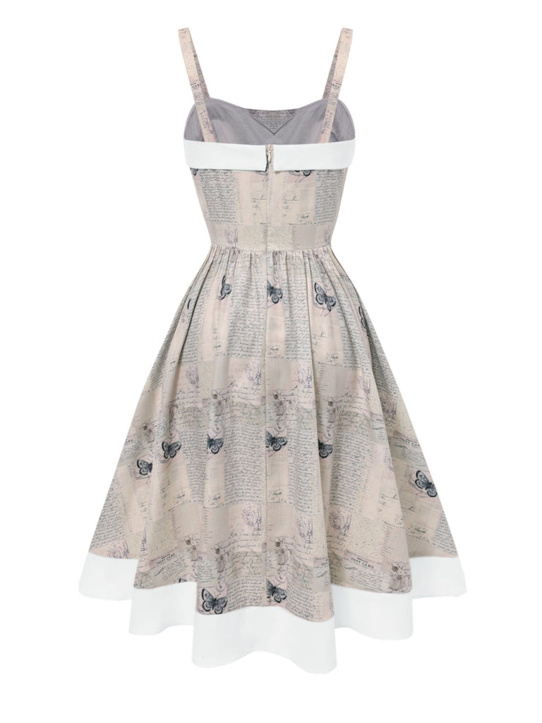 [Vorverkauf] Khaki 1950er Zeitung Schmetterling Patchwork Kleid