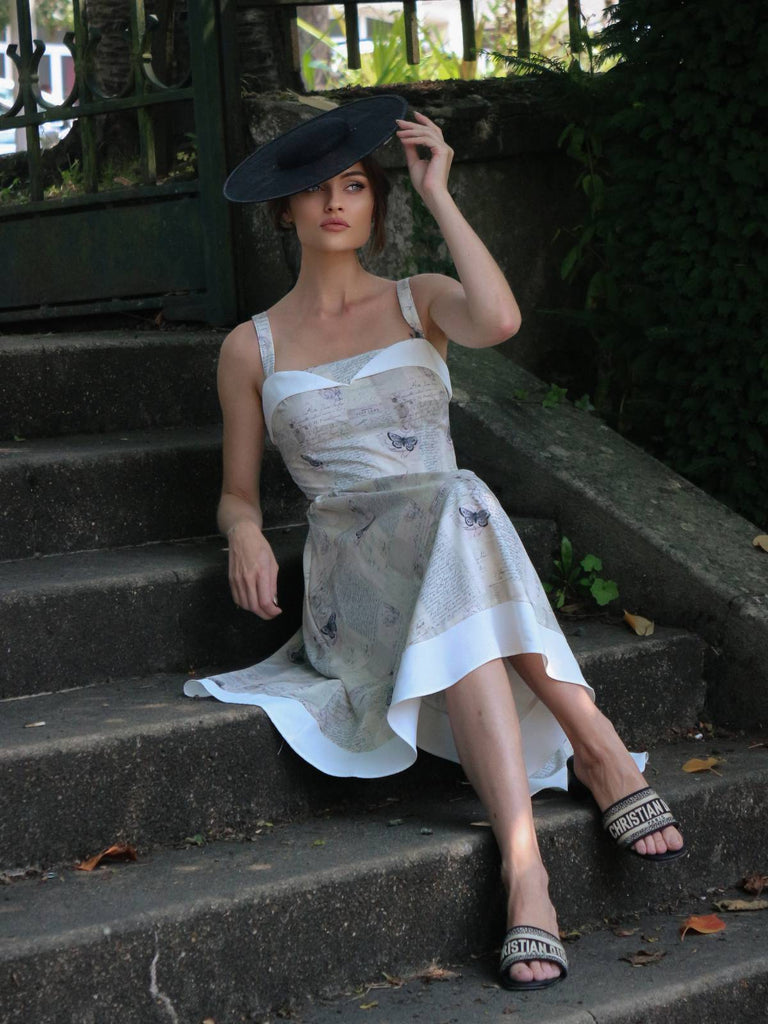 Khaki 1950er Zeitung Schmetterling Patchwork Kleid