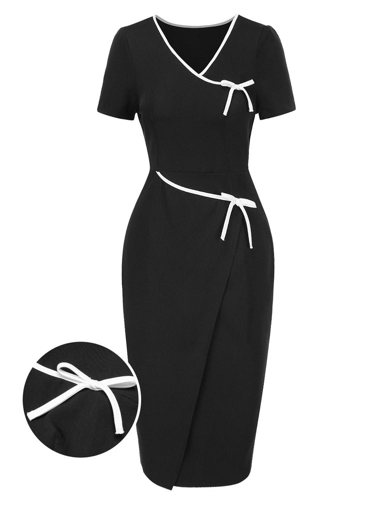 [Vorverkauf] Schwarz 1960er Kontrast Bindung Bogen Bleistift Kleid