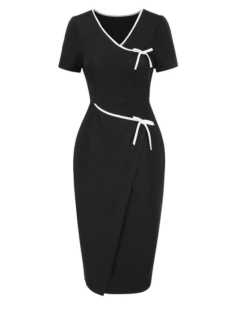 [Vorverkauf] Schwarz 1960er Kontrast Bindung Bogen Bleistift Kleid