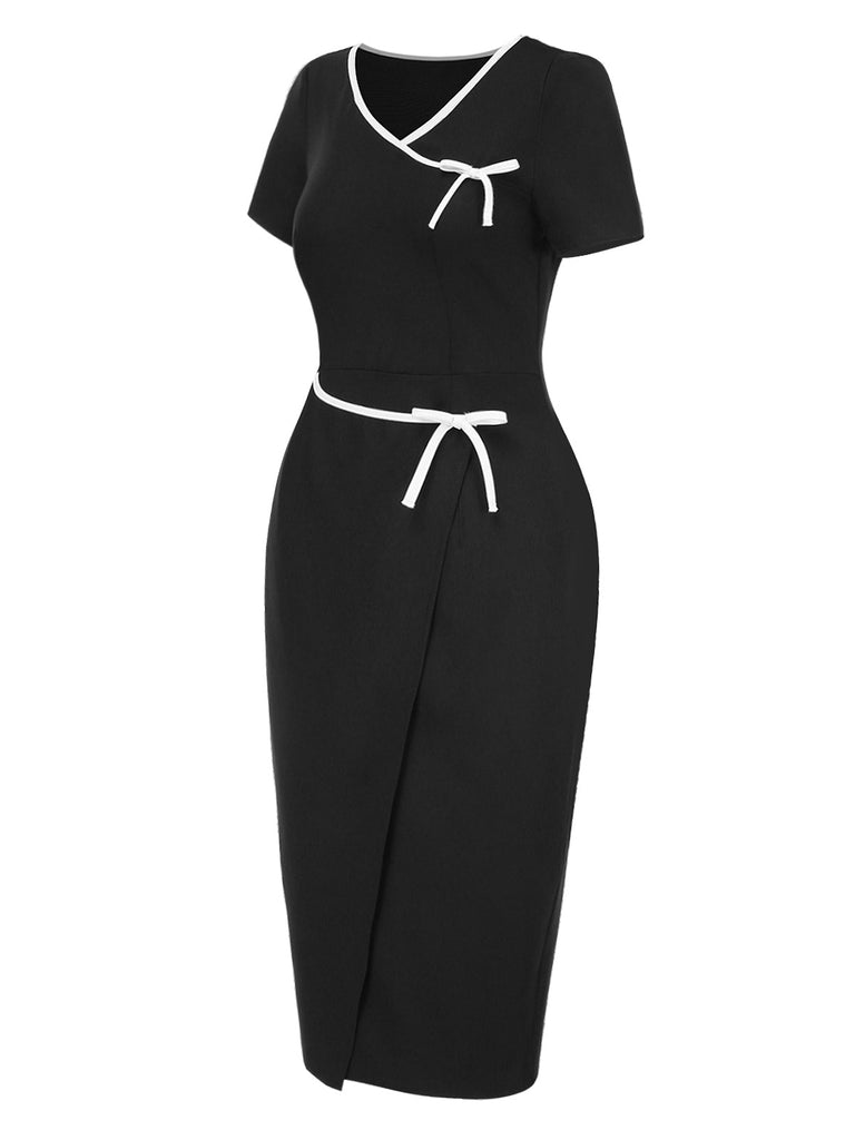 [Vorverkauf] Schwarz 1960er Kontrast Bindung Bogen Bleistift Kleid