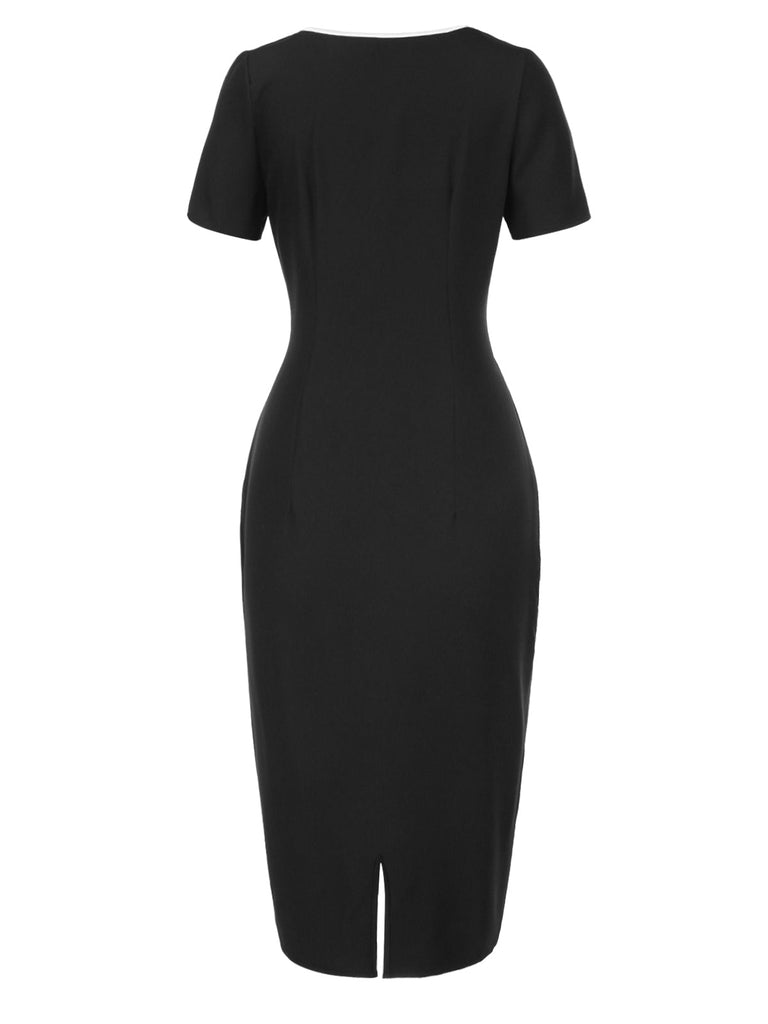 [Vorverkauf] Schwarz 1960er Kontrast Bindung Bogen Bleistift Kleid