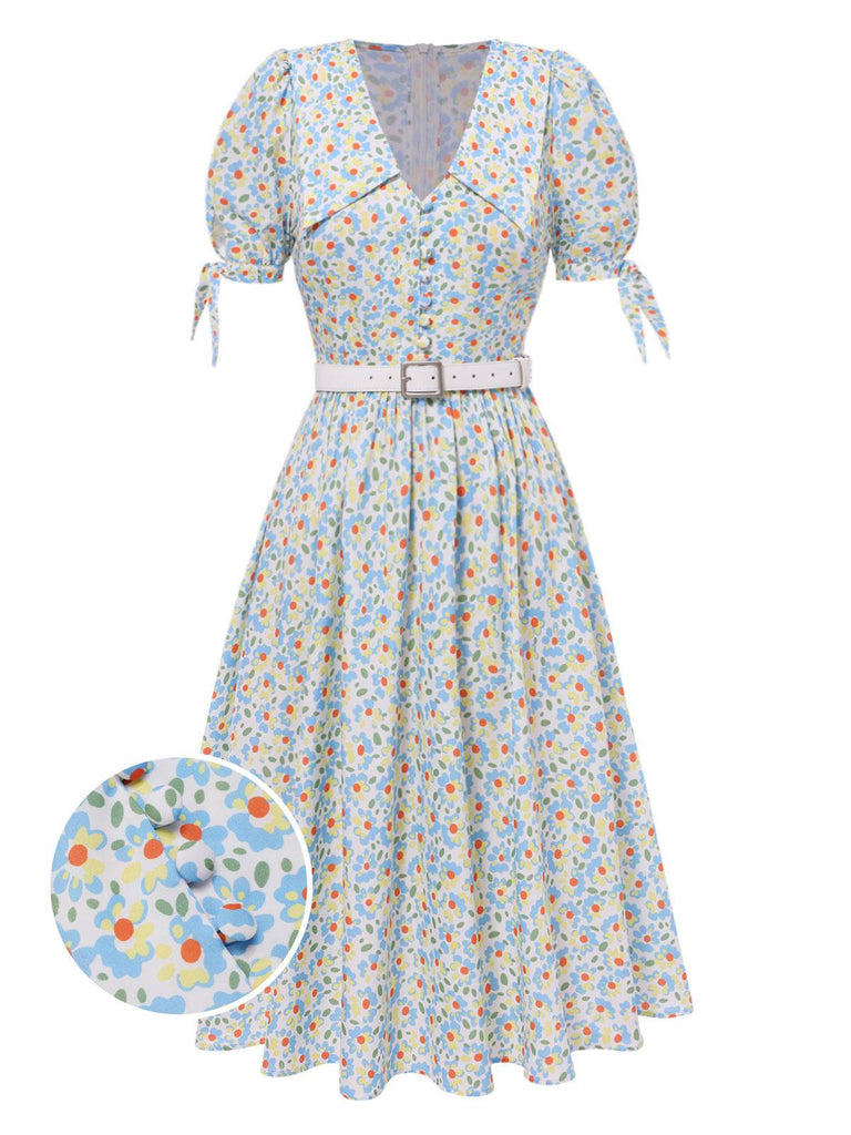 [Vorverkauf] Mehrfarbig 1940er Knoten Manschette Revers Blumen Kleid