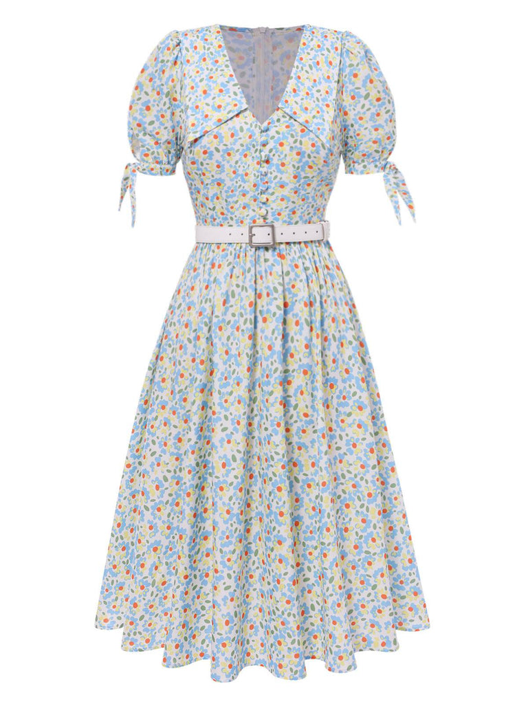 [Vorverkauf] Mehrfarbig 1940er Knoten Manschette Revers Blumen Kleid