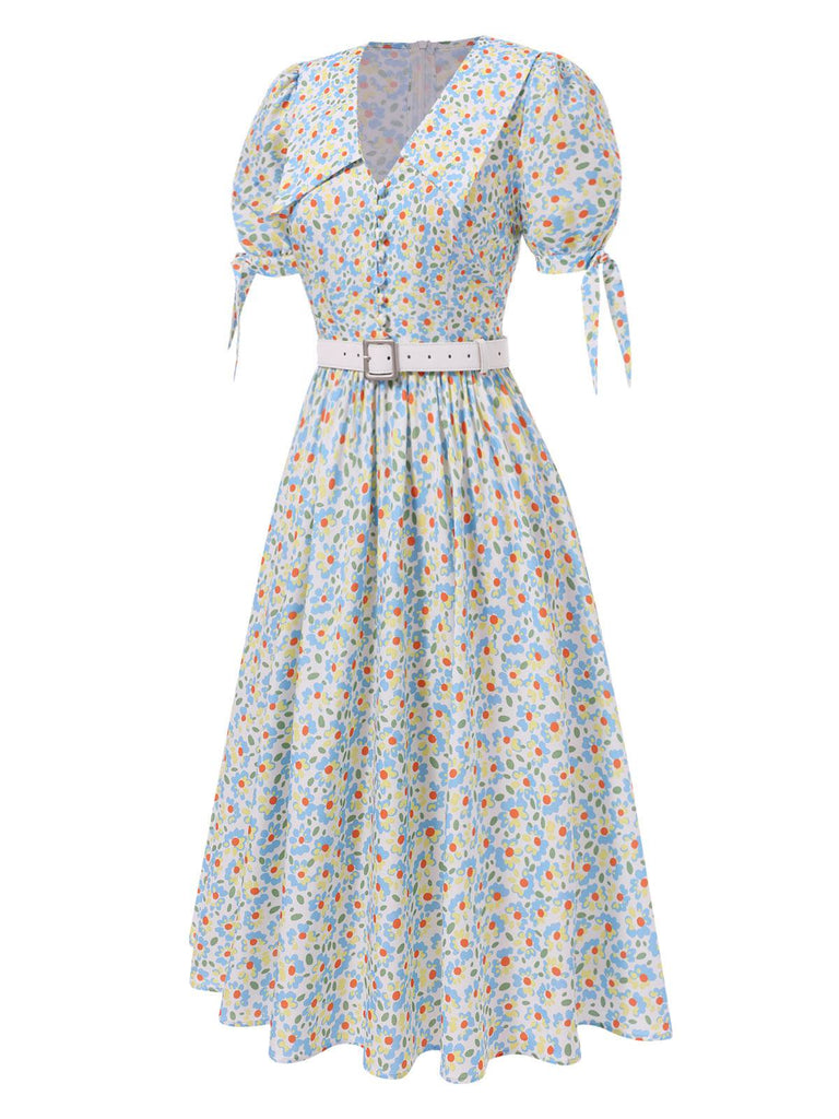 [Vorverkauf] Mehrfarbig 1940er Knoten Manschette Revers Blumen Kleid
