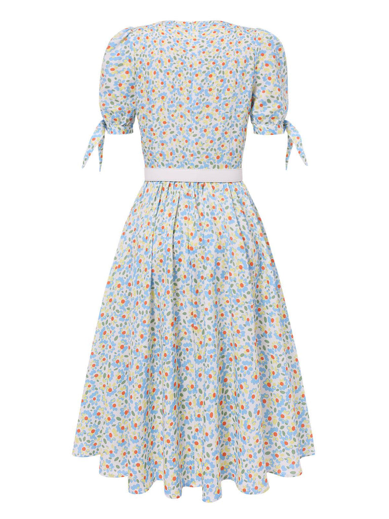[Vorverkauf] Mehrfarbig 1940er Knoten Manschette Revers Blumen Kleid
