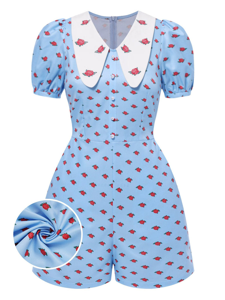 [Vorverkauf] Blau 1960er Stickerei Rose Chelsea Kragen Romper