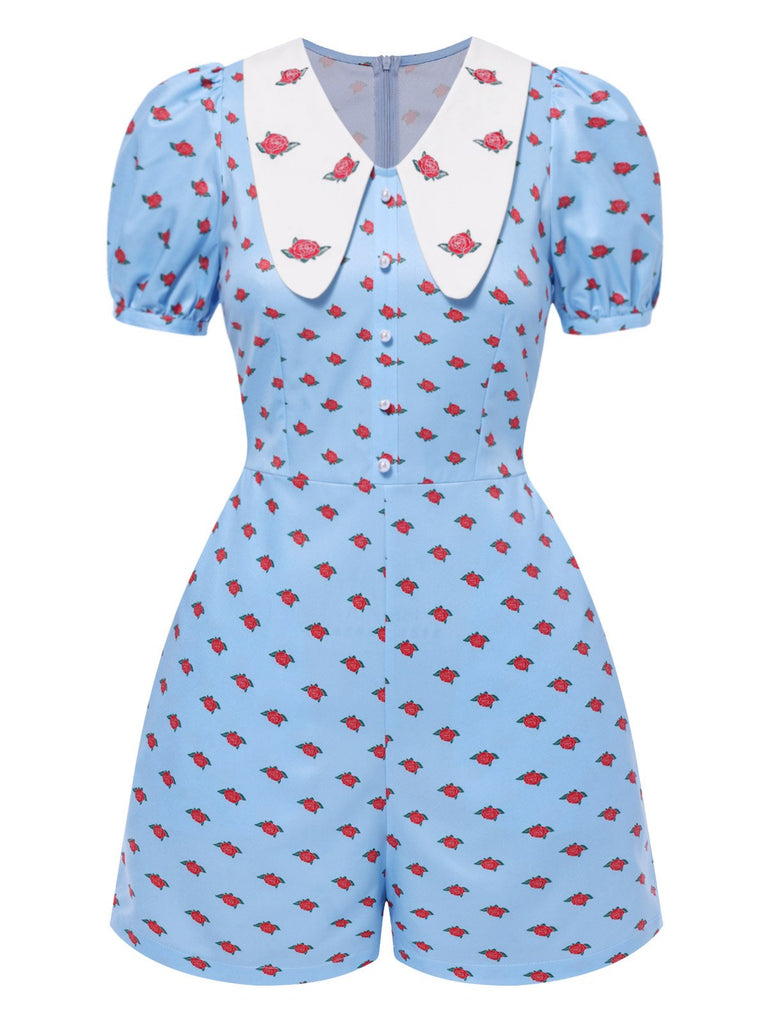 [Vorverkauf] Blau 1960er Stickerei Rose Chelsea Kragen Romper