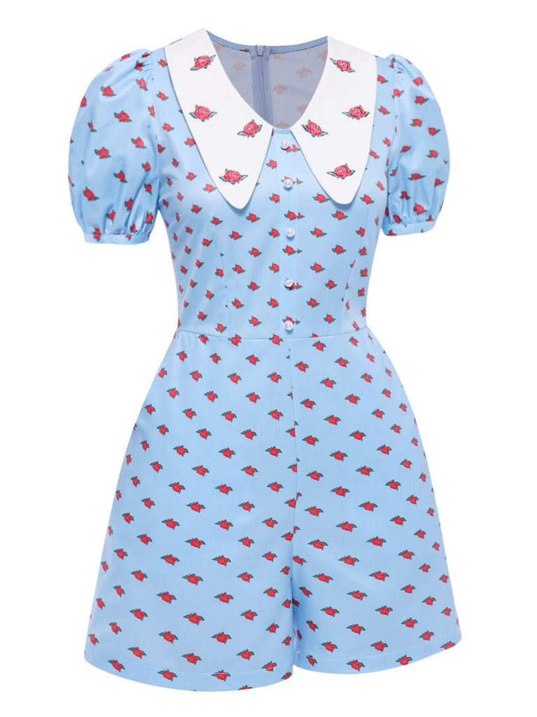[Vorverkauf] Blau 1960er Stickerei Rose Chelsea Kragen Romper