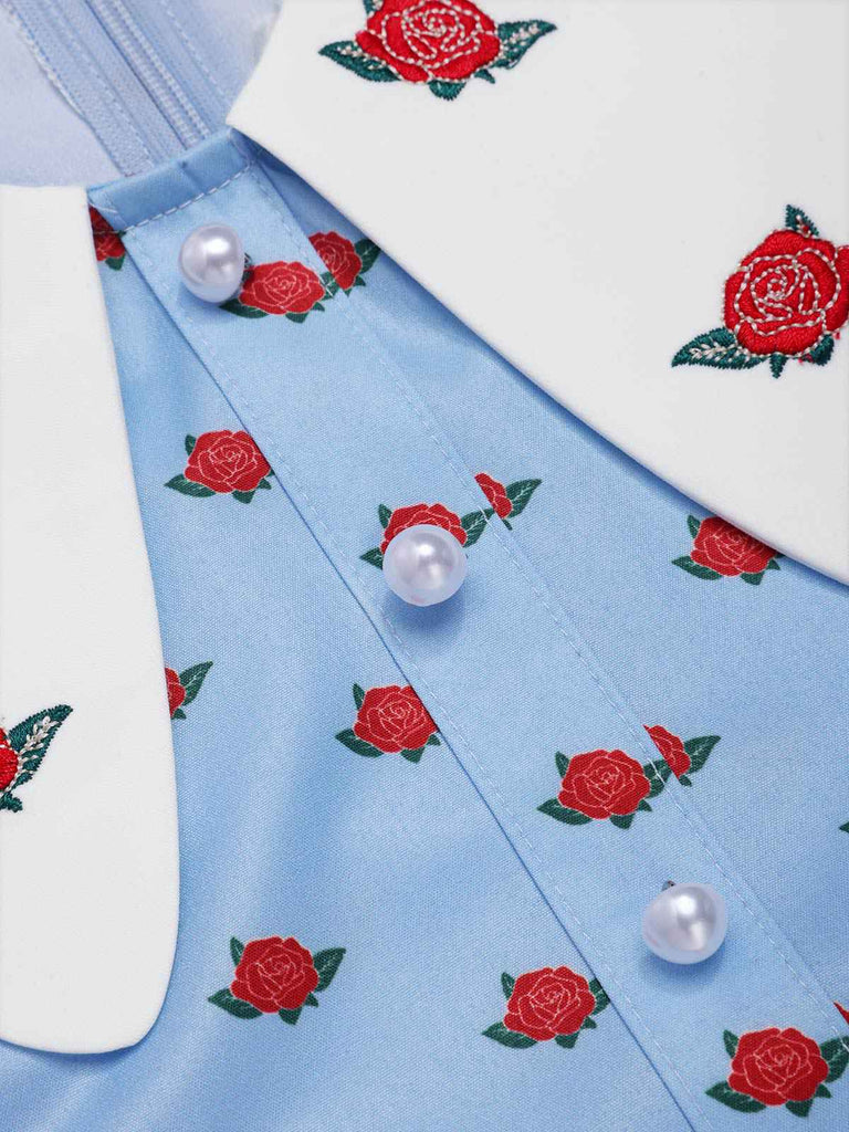 [Vorverkauf] Blau 1960er Stickerei Rose Chelsea Kragen Romper