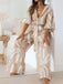 Khaki 1930er Geometrisch Gedruckt Halbe Ärmel Revers Jumpsuit