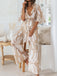Khaki 1930er Geometrisch Gedruckt Halbe Ärmel Revers Jumpsuit
