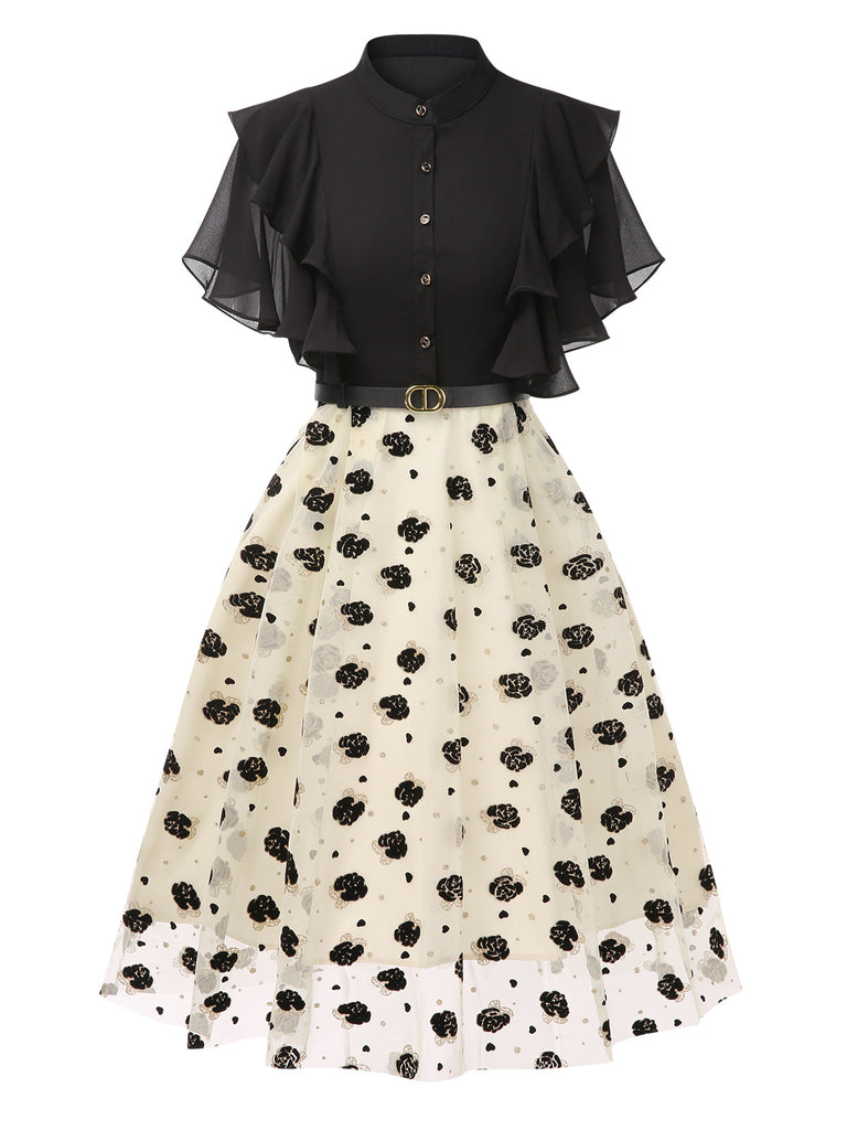 Schwarz 1950er 3D Blumen Rüschen Kleid