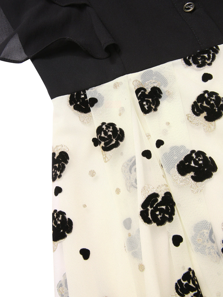 Schwarz 1950er 3D Blumen Rüschen Kleid