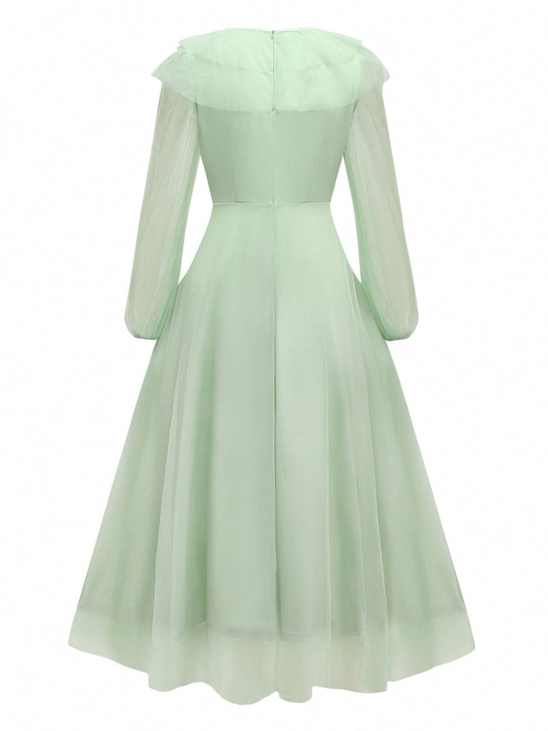 Grün 1930er Solide Netz Rüschen Illusion Ärmel Kleid