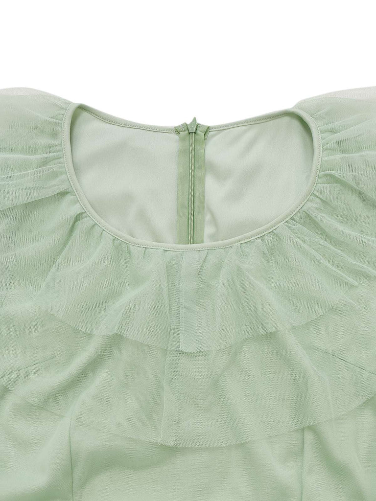 Grün 1930er Solide Netz Rüschen Illusion Ärmel Kleid