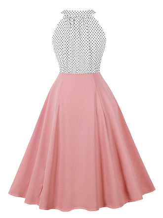 1950er Tupfen Patchwork Halter Rundhals Kleid