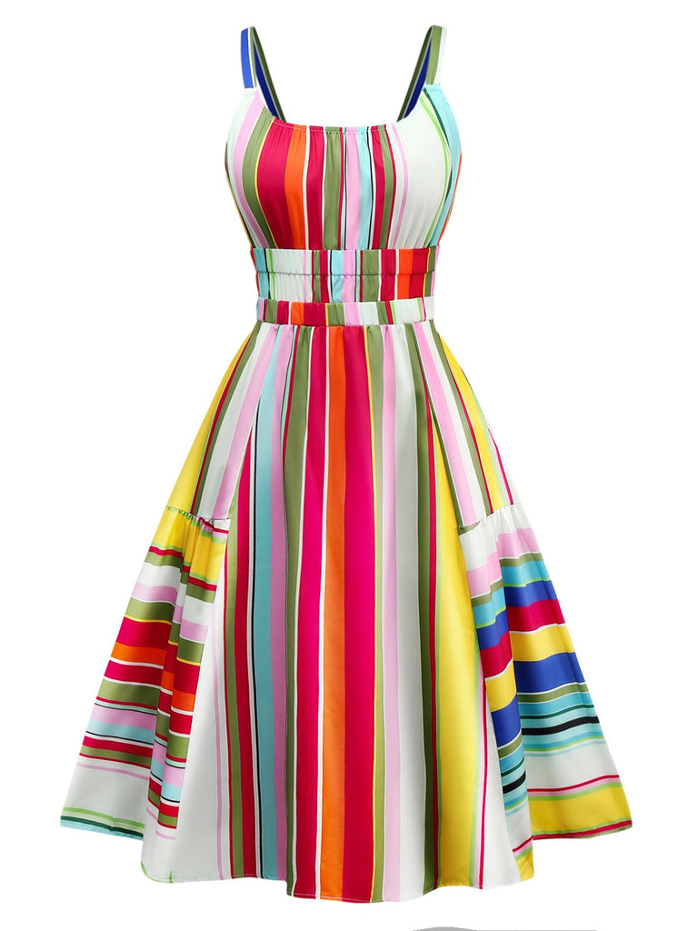 Mehrfarbig 1950er Zurückbinden Barcode Streifen Kleid