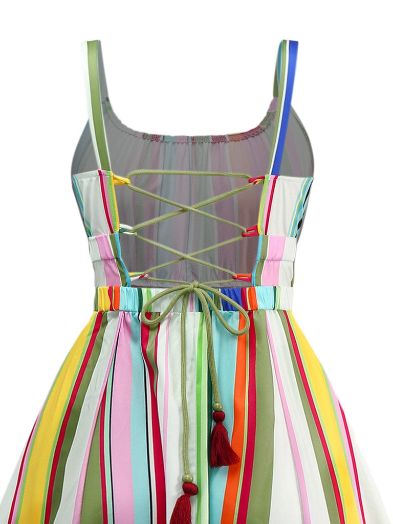 Mehrfarbig 1950er Zurückbinden Barcode Streifen Kleid