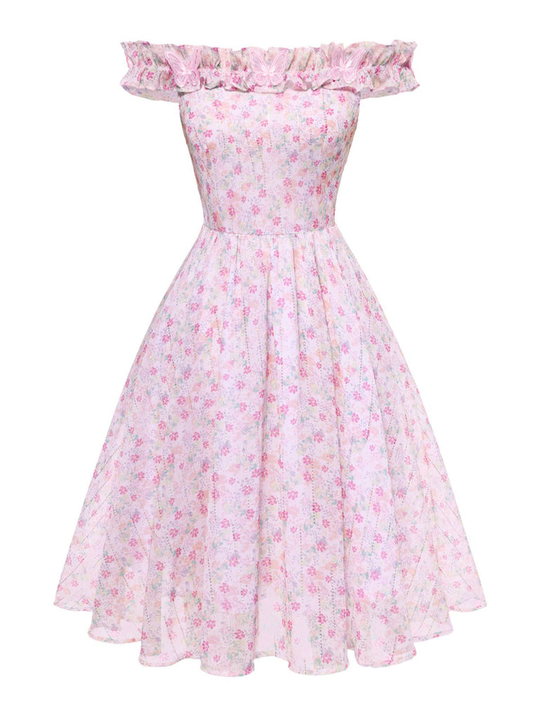 [Vorverkauf] Rosa 1950er Rüschen Schulterfrei Blumen Kleid