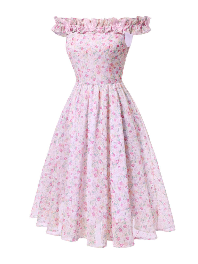 [Vorverkauf] Rosa 1950er Rüschen Schulterfrei Blumen Kleid