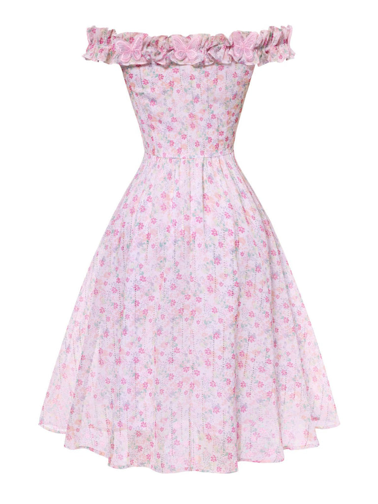 [Vorverkauf] Rosa 1950er Rüschen Schulterfrei Blumen Kleid